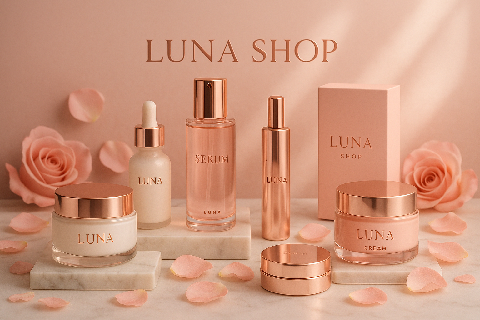 dame una foto que incluye el nombre de la empresa Luna Shop con productos de belleza (cosmetica cremas,...) que vendimos haz una foto con color de mujeres rosa o algun color de mujeres y haz algo espectacular porfa